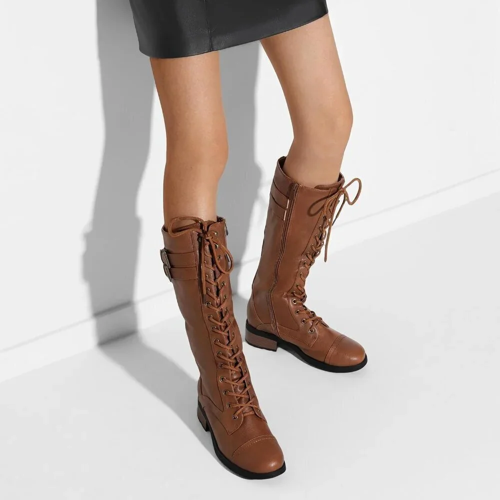 Women's Polyurethane Pu Light Brown Double buckle Knee High Riding Combat Boot